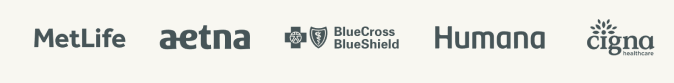 Insurance logos: MetLife, Aetna, BlueCross BlueShield, Humana, Cigna